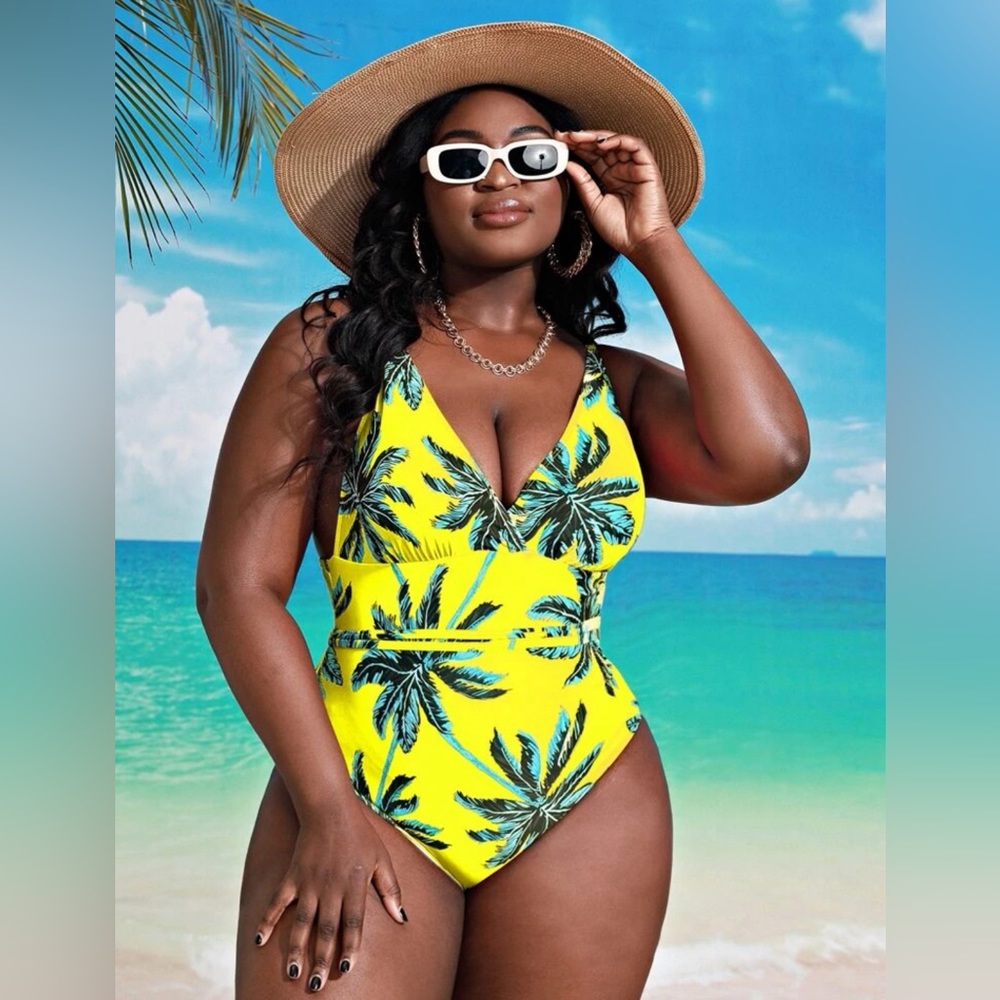 Yellow Tropical Print Ruched One Piece SHEIN Swimsuit